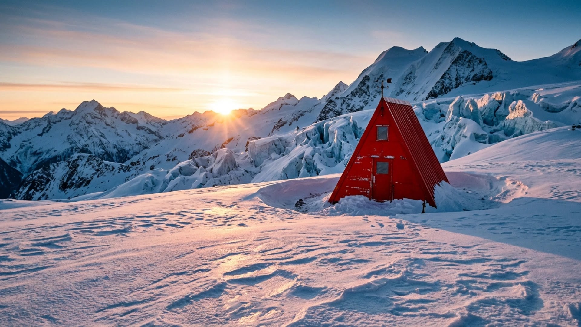 Alpine Schutzhütte bei Sonnenaufgang