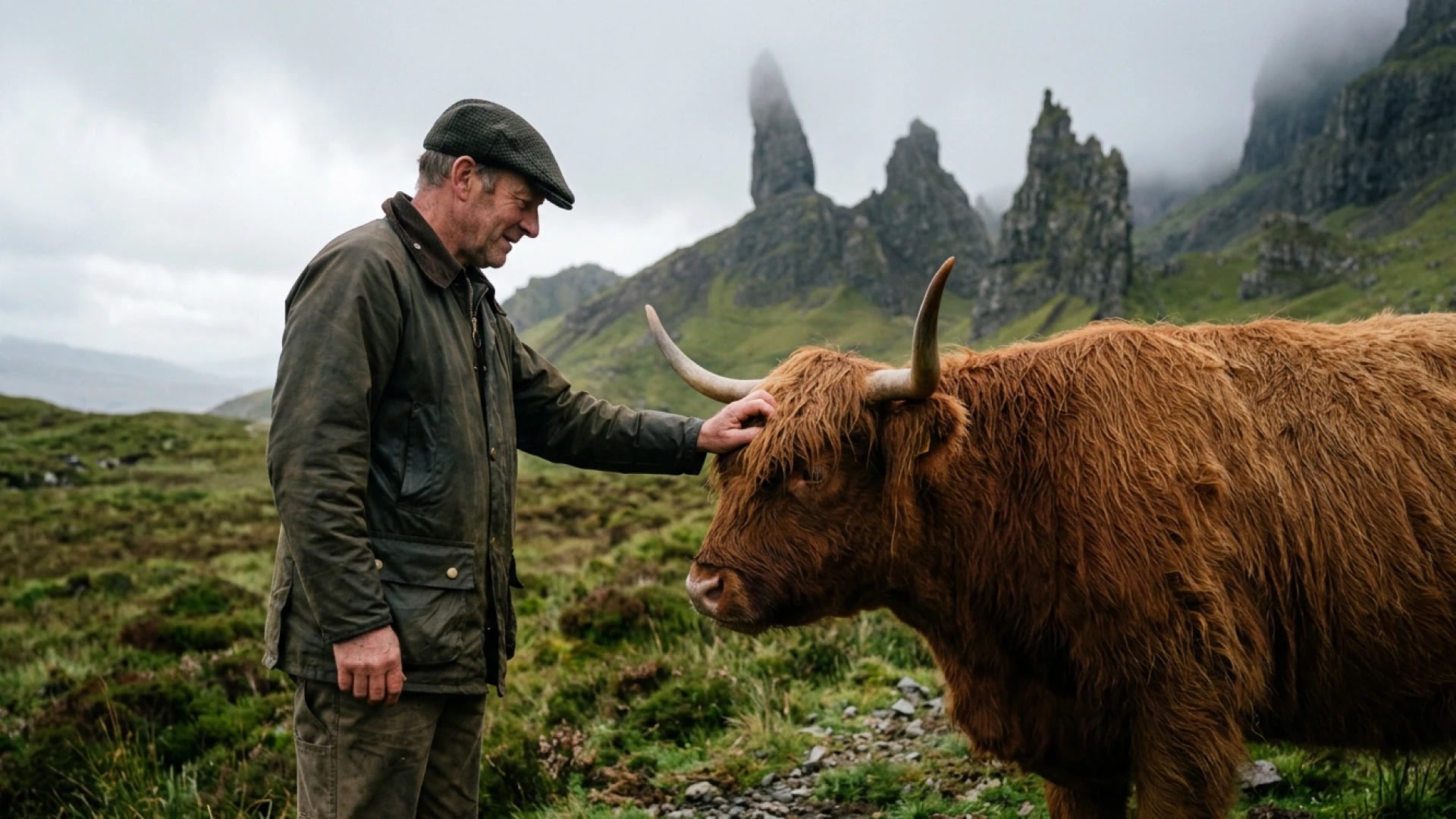 Crofter und Highland-Rind