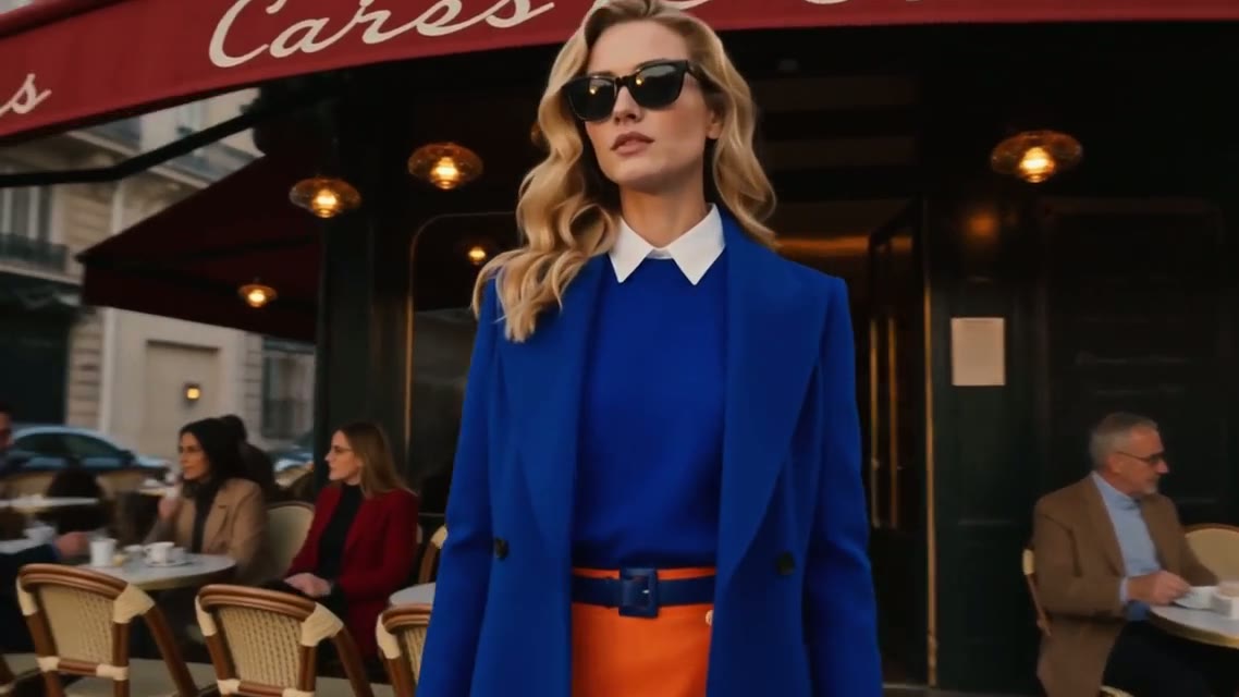 Starting frame of an image to video example: a woman in a cobalt-blue coat and orange skirt in front of a Paris café terrace.
