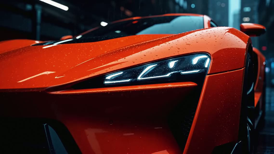 Frame from a text to video example: the headlight of an orange concept supercar with rain drops on the paint at night.