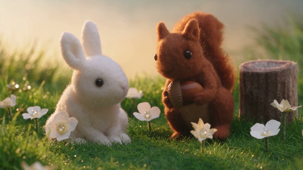 Frame from a Seedance 2.5 showcase clip: a felt rabbit and a felt squirrel on a handmade miniature meadow in morning sun.