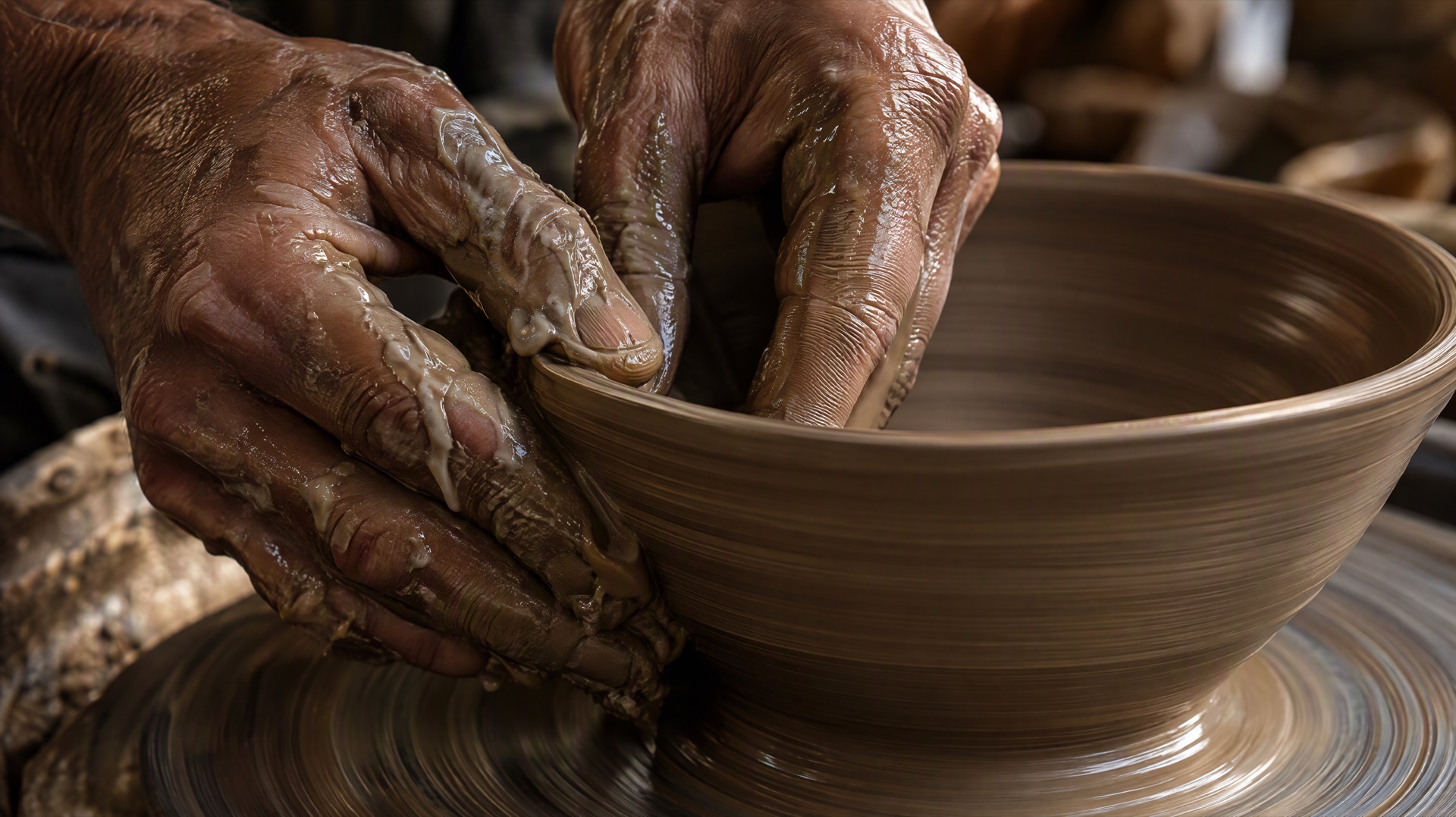Extreme close-up of a potter's hands shaping a wet clay bowl on a spinning wheel in raking side light