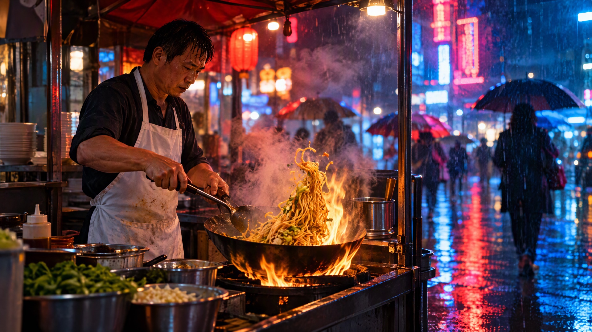 A cook tossing noodles in a flaming wok at a rainy night market, steam rising into red and blue neon light