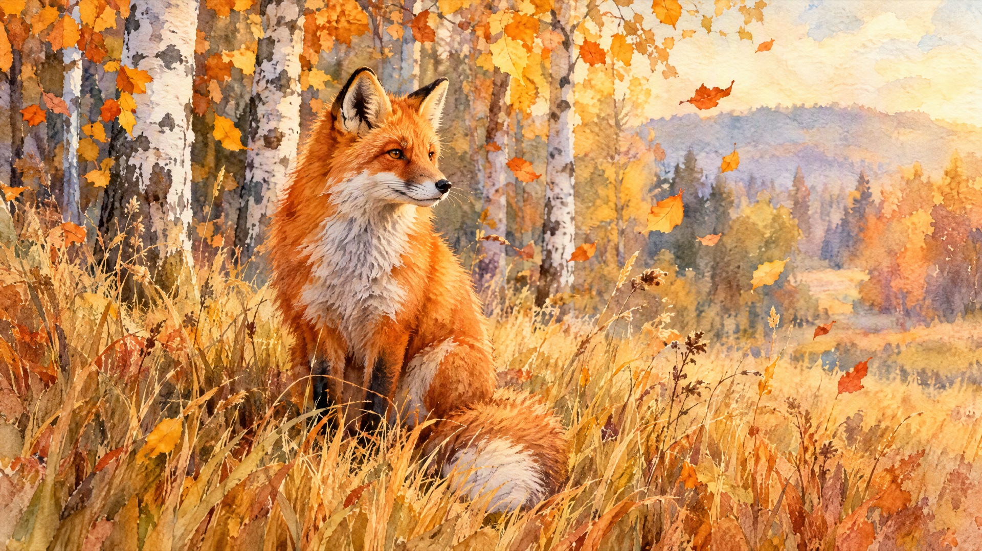A watercolor illustration of a red fox sitting in tall autumn grass at the edge of a birch forest