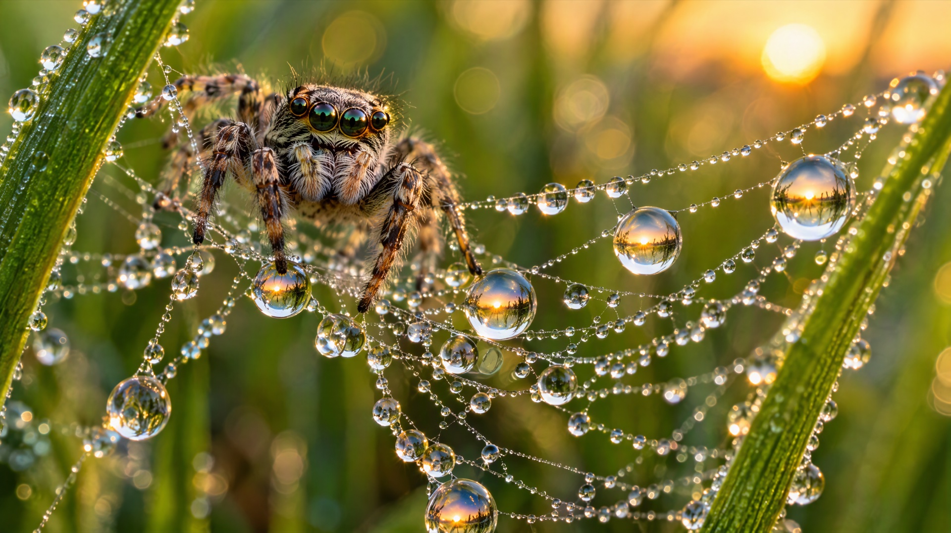 Macro photograph of dew drops on a spider web with a small jumping spider in sharp focus