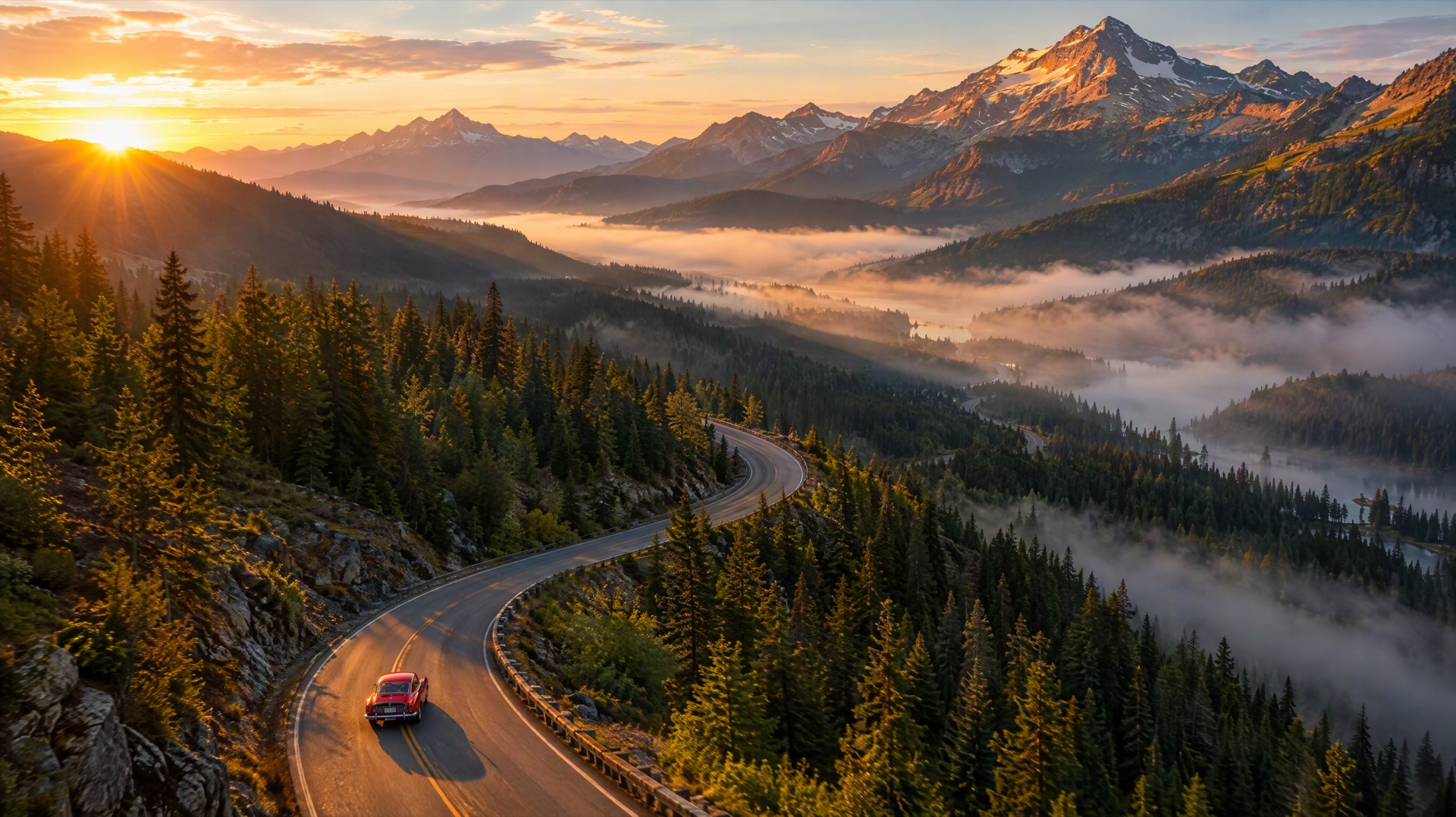 A red vintage car on a winding mountain road at sunrise, the road curving through pine forest and fog into the distance