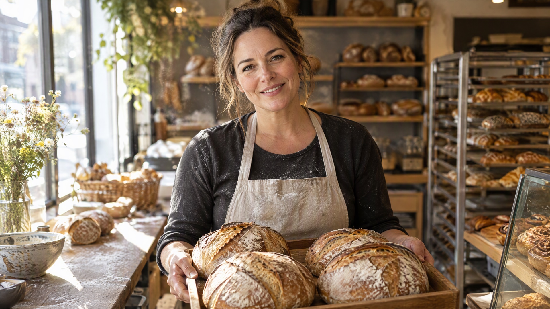 A smiling baker holding a tray of fresh sourdough loaves in a small sunlit bakery