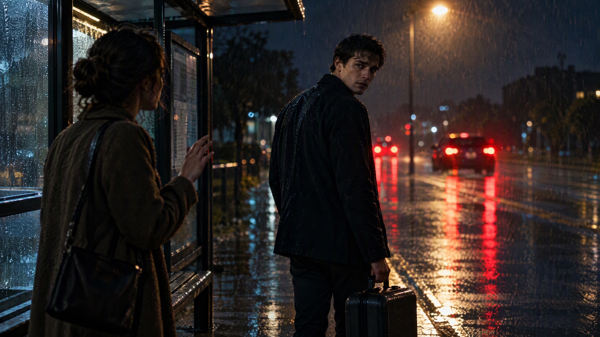 A man with a suitcase turning back toward a woman at a rainy bus stop at night