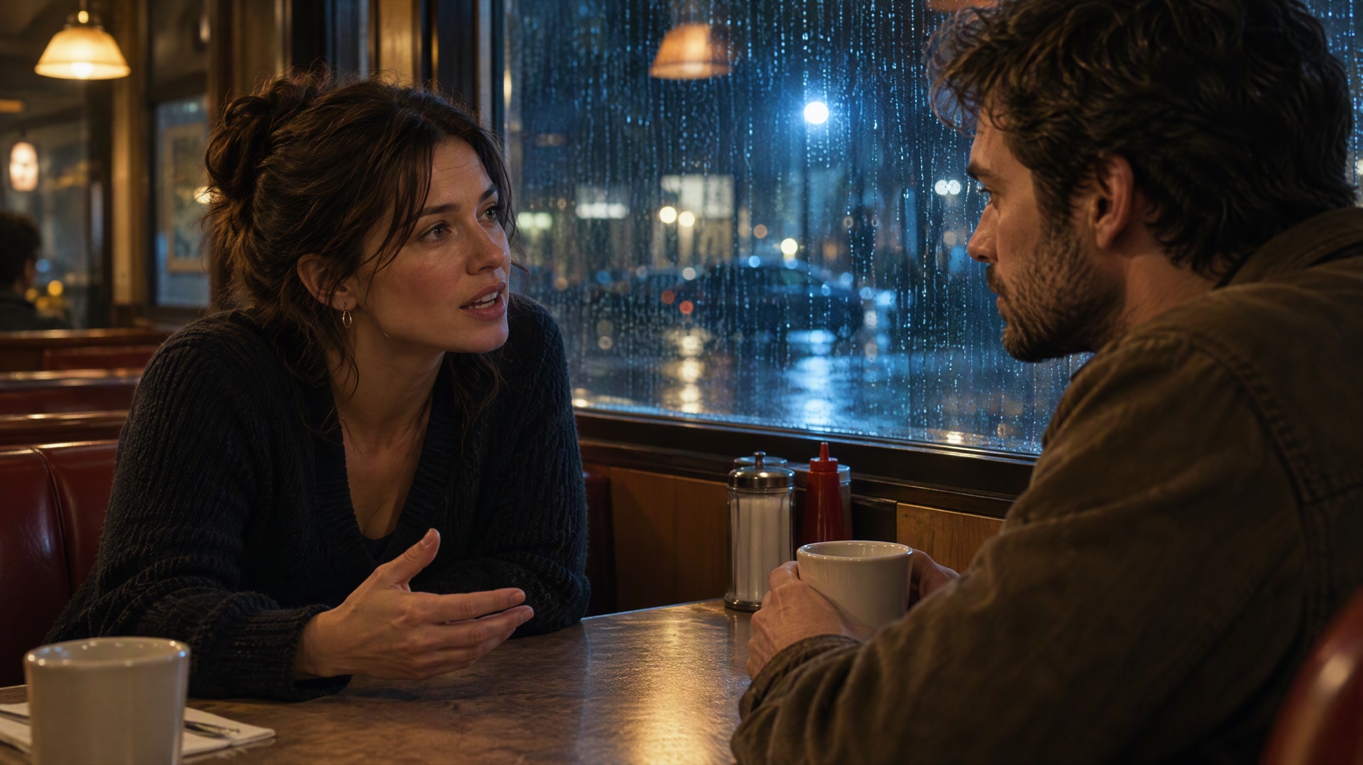Two adults talking across a booth in a late-night diner, rain on the window behind them