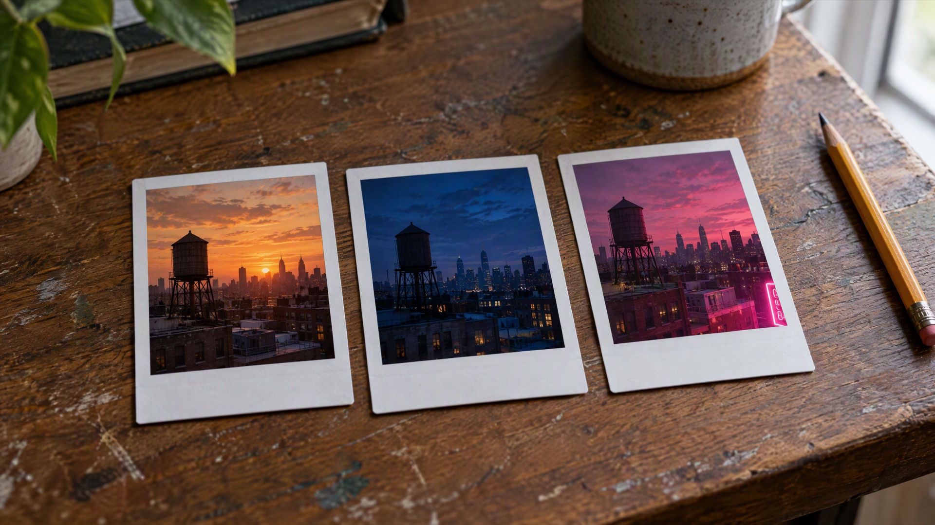 Three small instant photo prints of the same rooftop at dusk, each lit differently, lying side by side on a wooden desk
