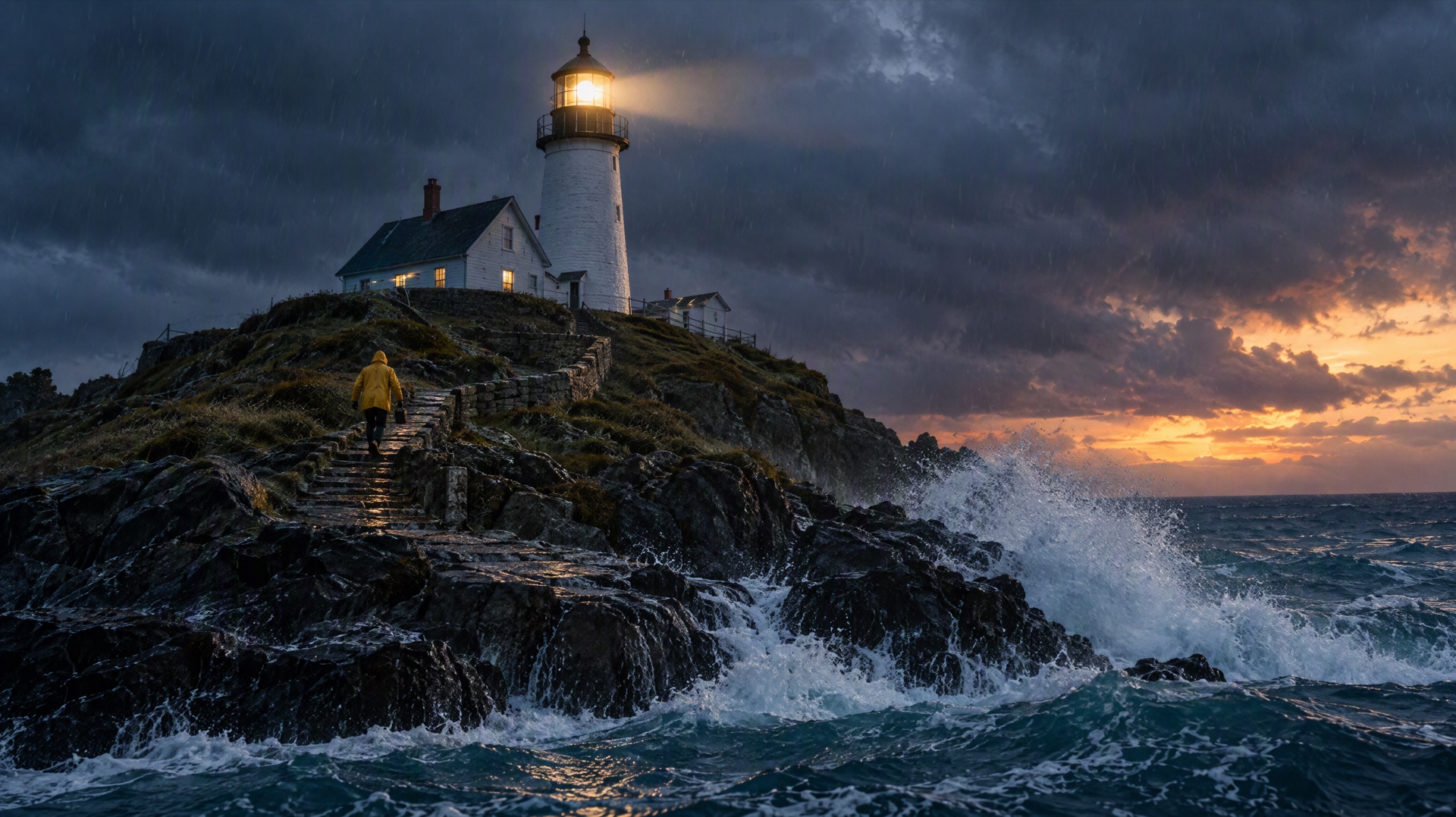A lighthouse keeper in a yellow raincoat on a stone path below a lighthouse at dusk, waves breaking on the rocks