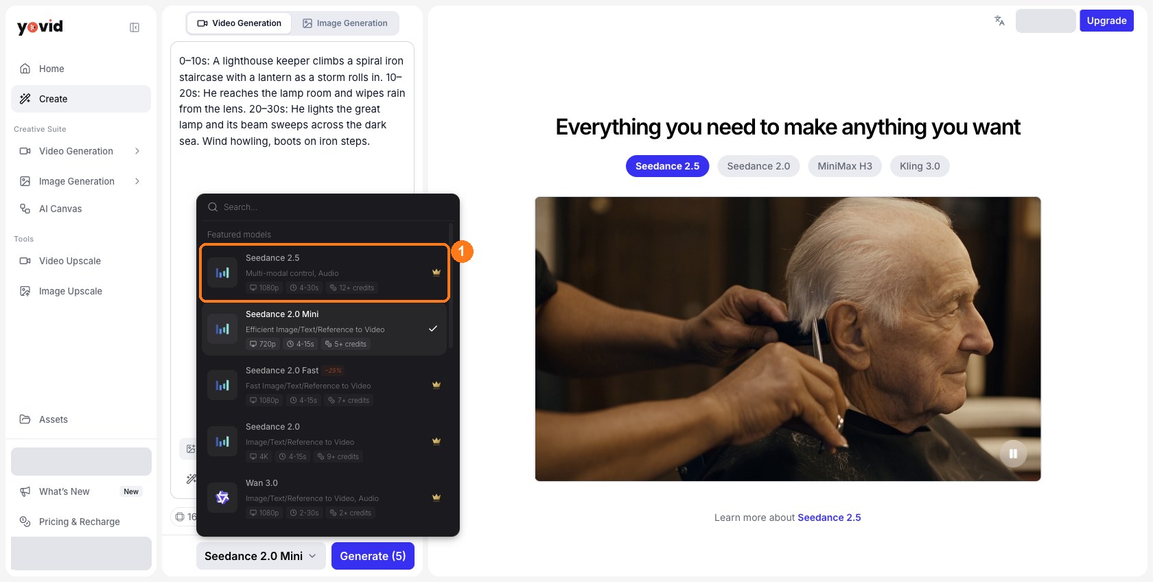 Видеогенератор Yovid на английском: меню моделей открыто, Seedance 2.5 отмечена цифрой 1