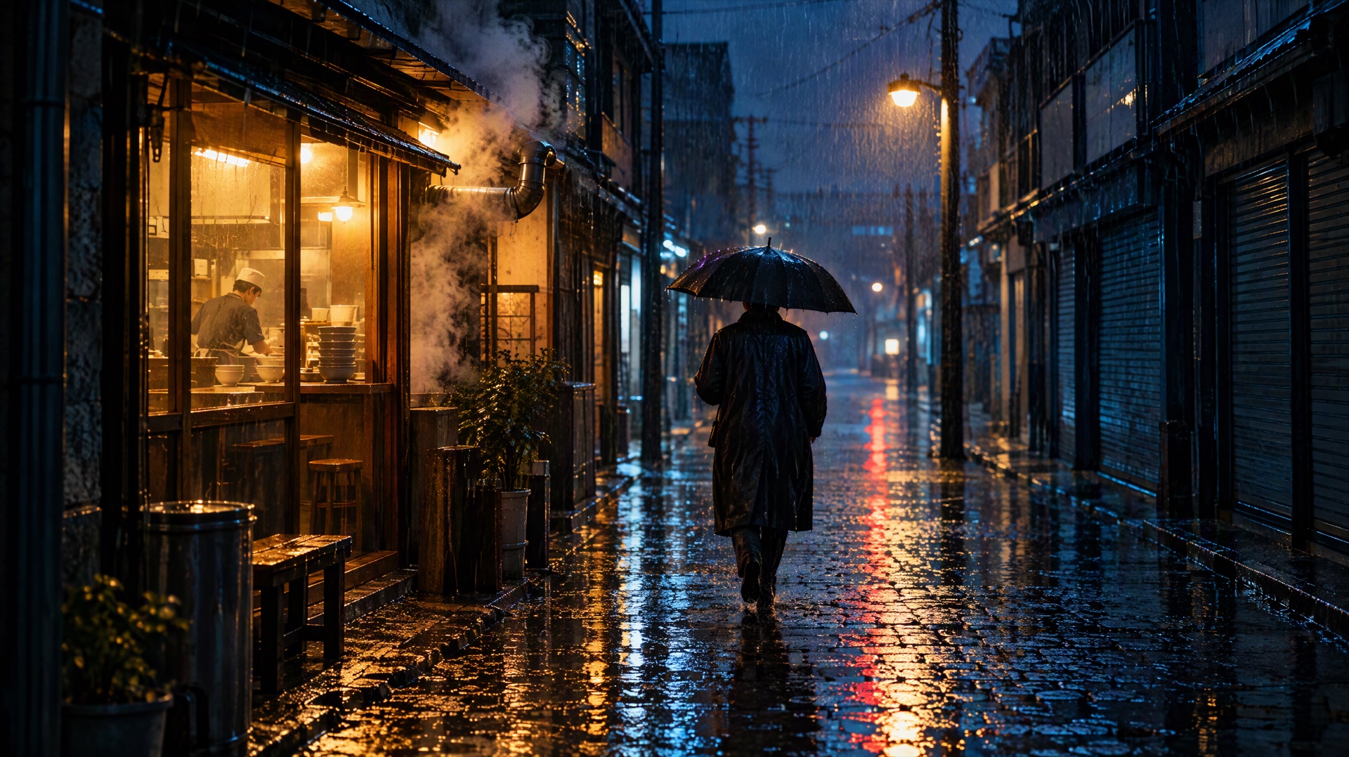 A lone figure with an umbrella walking down a rain-soaked night street past a steaming noodle shop