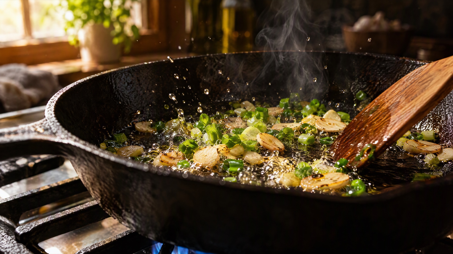 Garlic and green onion sizzling in hot oil in a cast iron pan with a wooden spatula