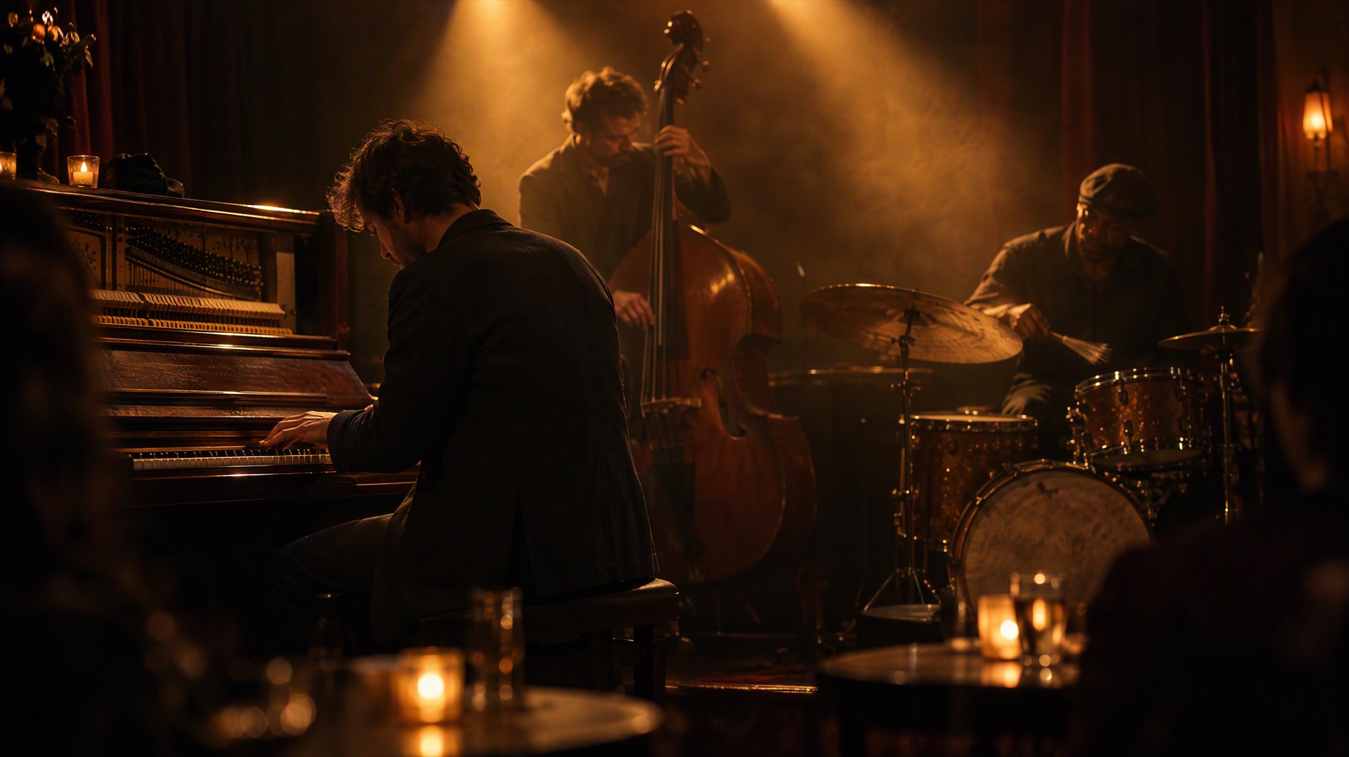 A jazz trio with piano, double bass and drums performing on a dim club stage under warm spotlights